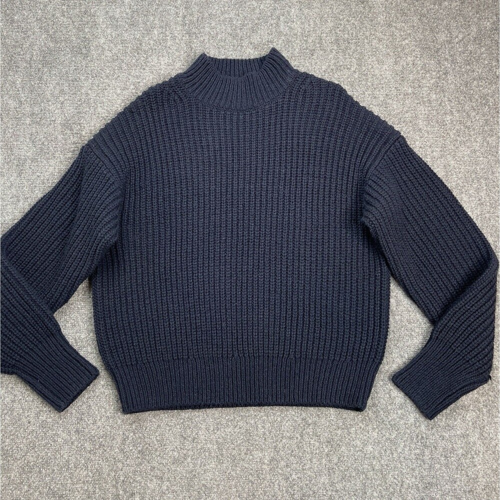 Uniqlo Low Gauge Mock Neck Sweater Womens Large Ribbed Chunky Wool Blend Navy